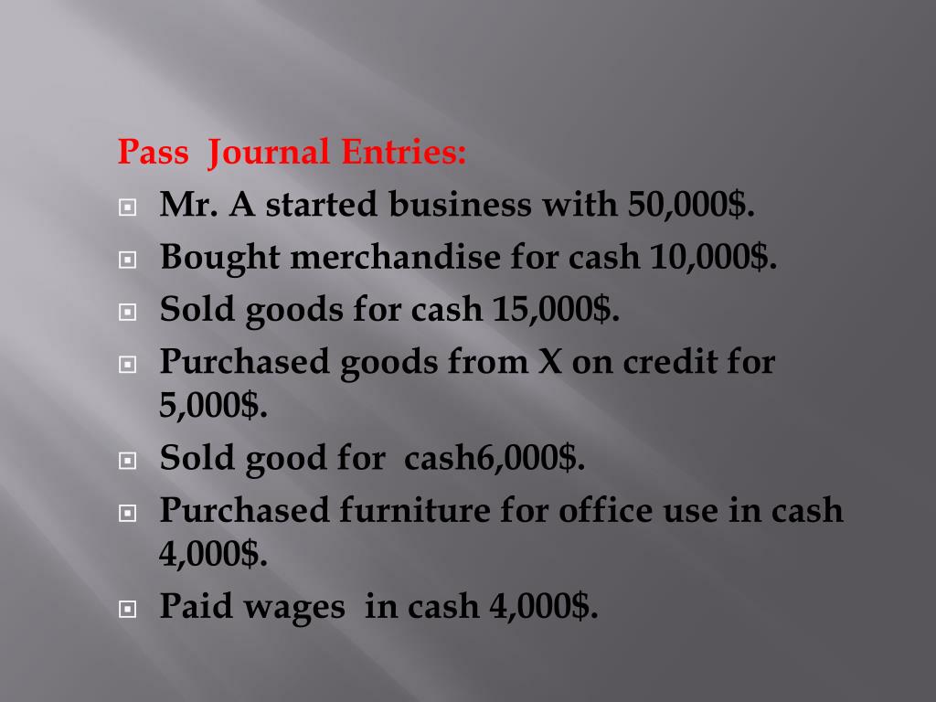 PPT Pass Journal Entries Mr. A started business with 50,000. Bought