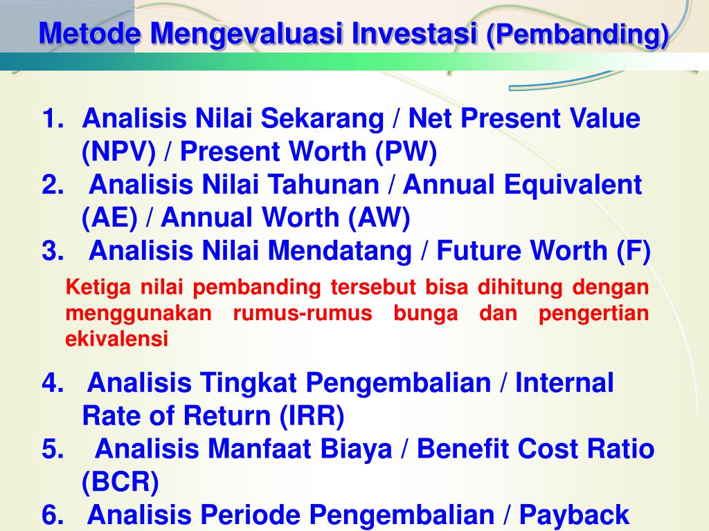 PPT EVALUASI KELAYAKAN INVESTASI PowerPoint Presentation, free download ID4087453