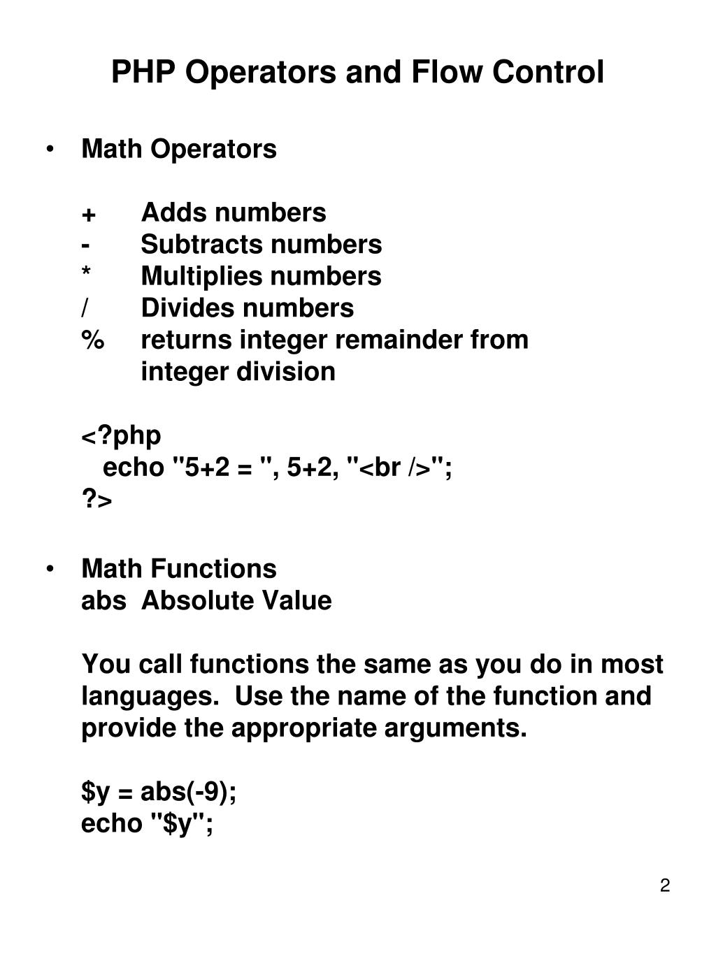 PPT Chapter 2 Gaining Control with Operators and Flow Control