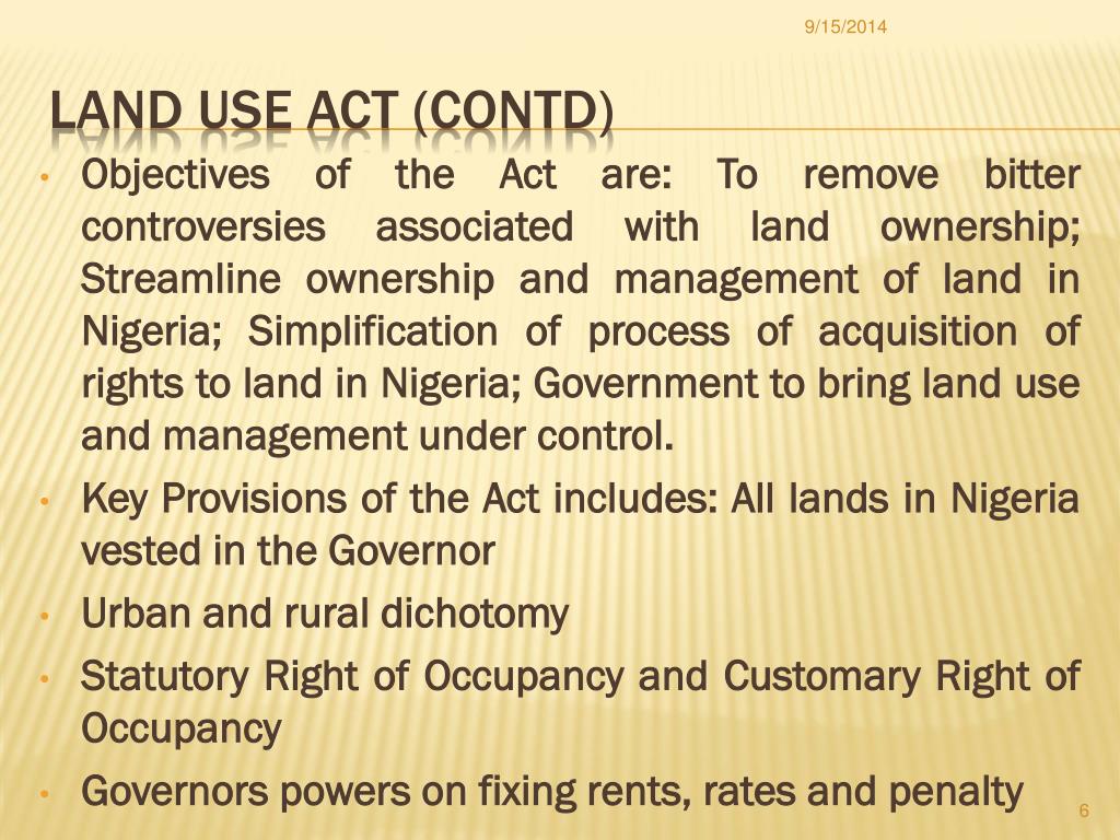 PPT NIGERIAN LAND USE ACT IMPORT AND CHALLENGES PowerPoint