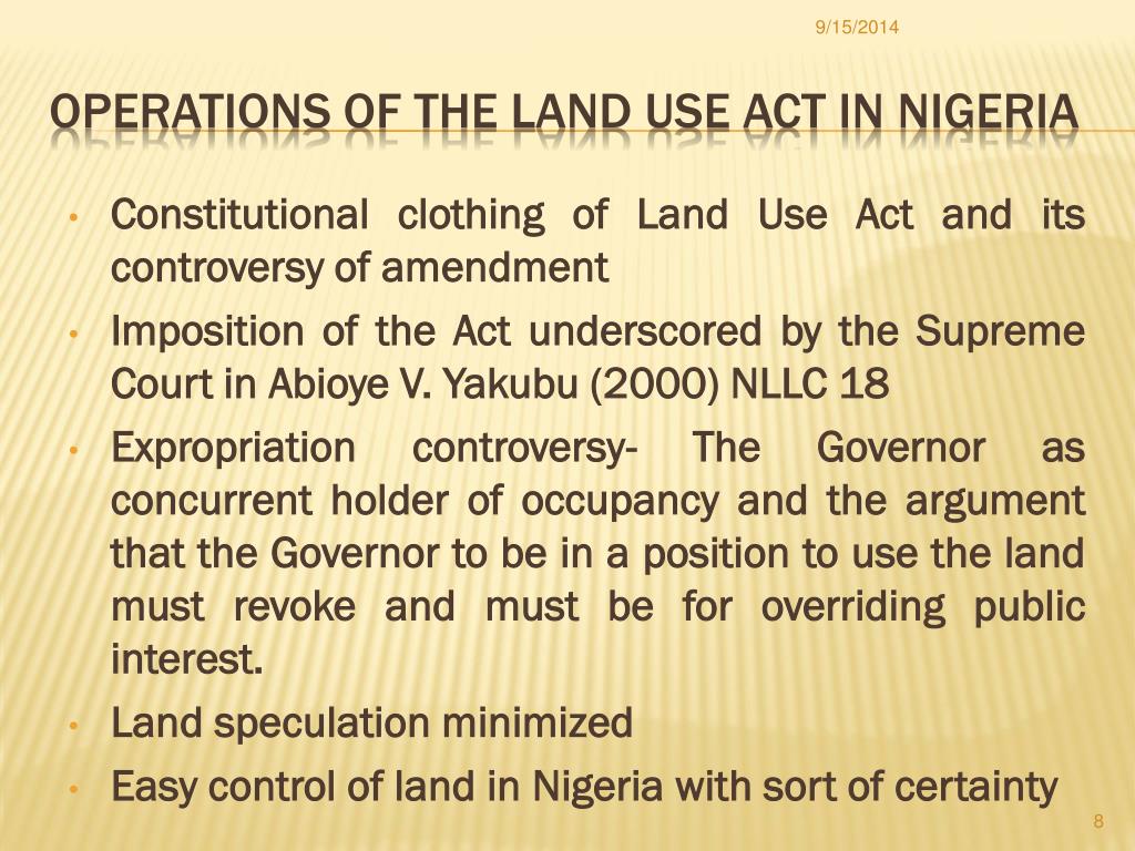 PPT NIGERIAN LAND USE ACT IMPORT AND CHALLENGES PowerPoint