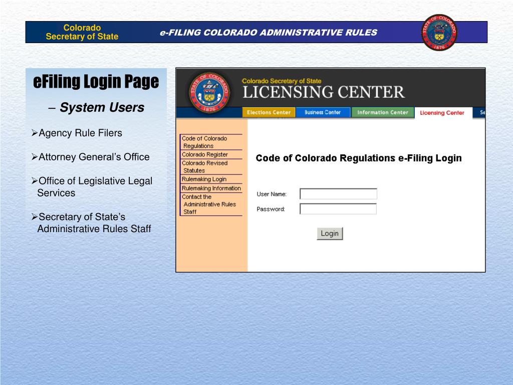 PPT CODE OF COLORADO REGULATIONS ONLINE PORTAL FOR eFILING AND RULE(03)