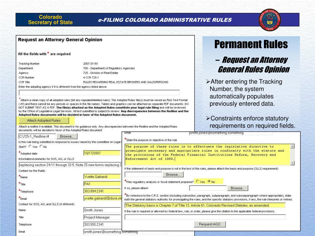 PPT CODE OF COLORADO REGULATIONS ONLINE PORTAL FOR eFILING AND RULE