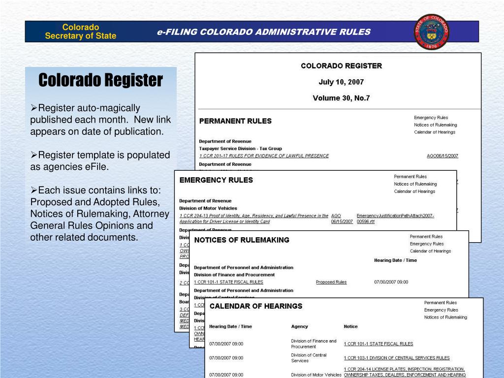 PPT CODE OF COLORADO REGULATIONS ONLINE PORTAL FOR eFILING AND RULE(09)