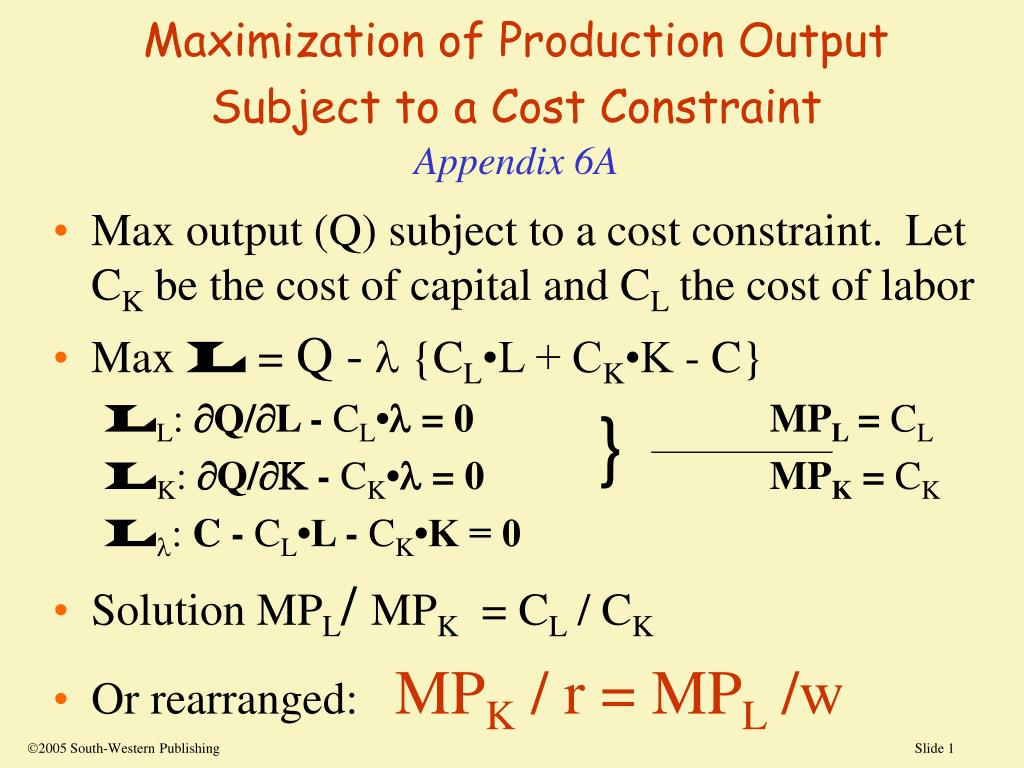 PPT Maximization of Production Output Subject to a Cost Constraint
