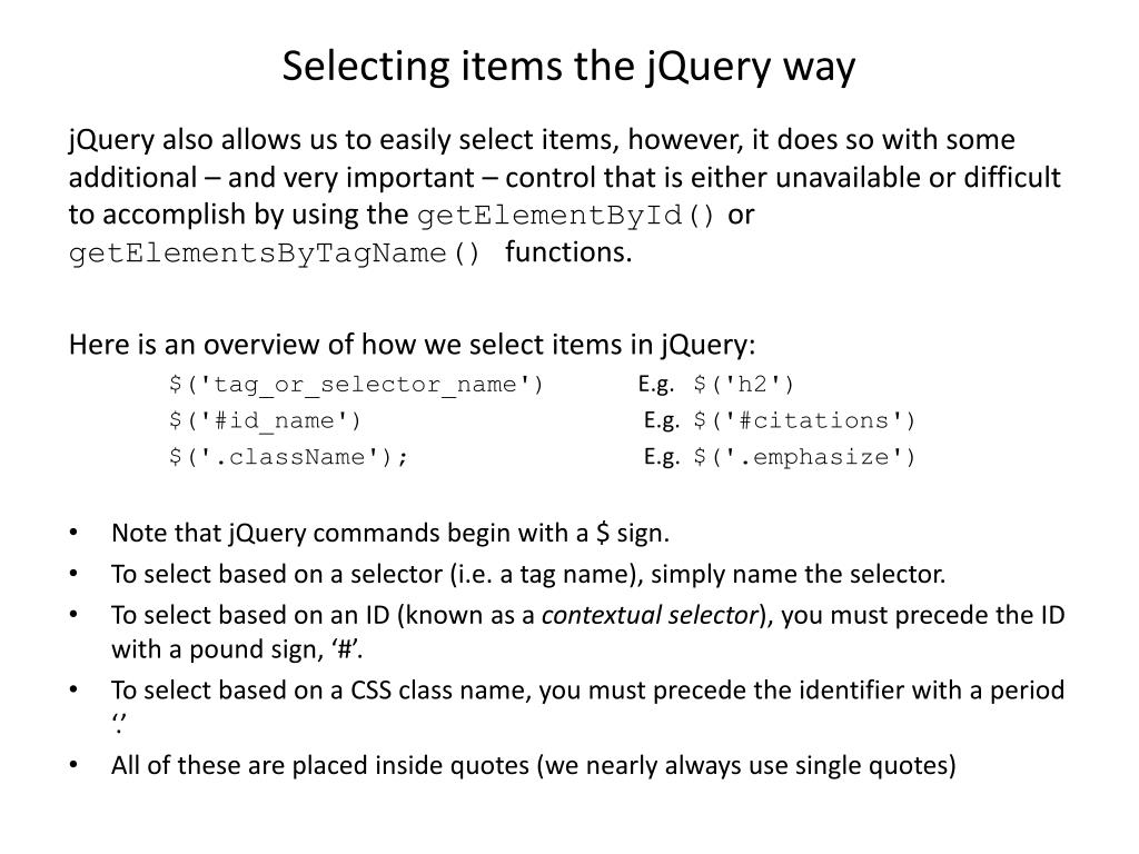 PPT jQuery Using selectors PowerPoint Presentation, free download