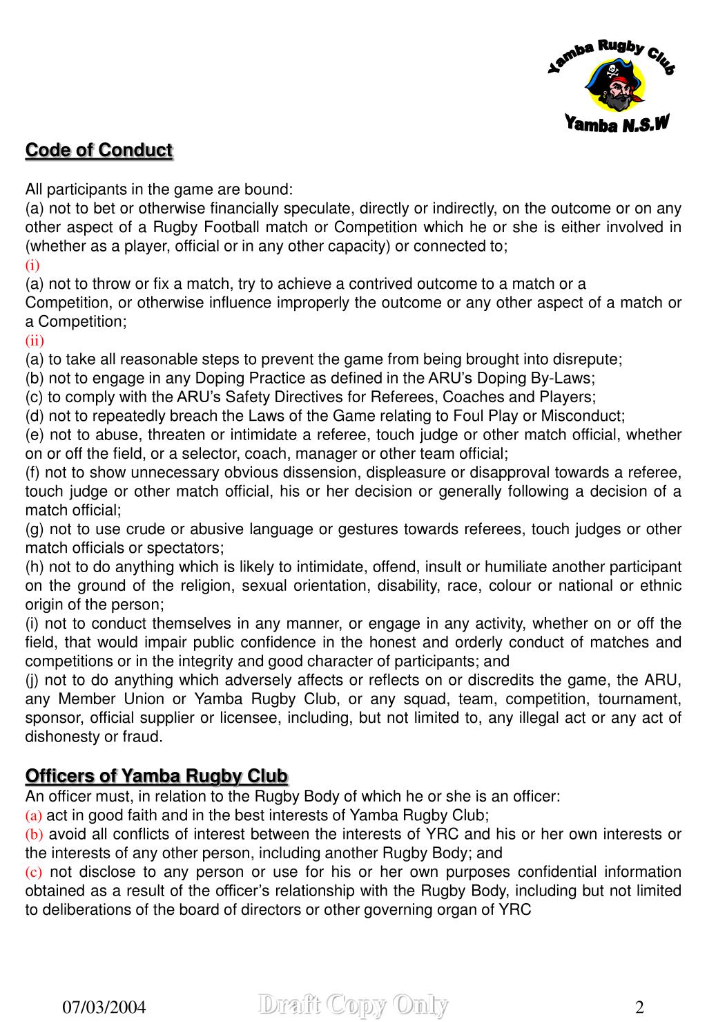PPT Yamba Rugby Club Code of Conduct For Players, Coaches, Referees