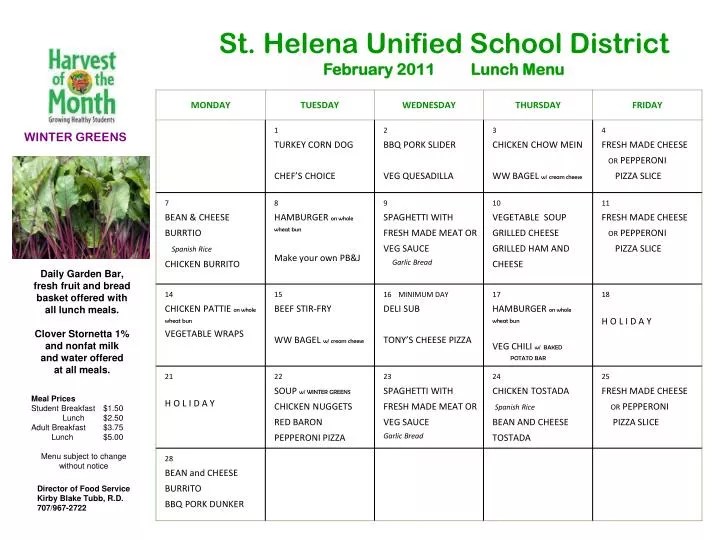 PPT St. Helena Unified School District February 2011 Lunch Menu