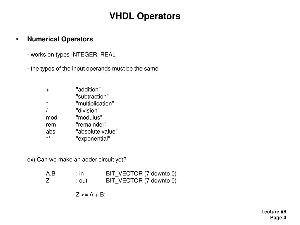 PPT Lecture 8 Agenda VHDL Operators VHDL Signal Assignments