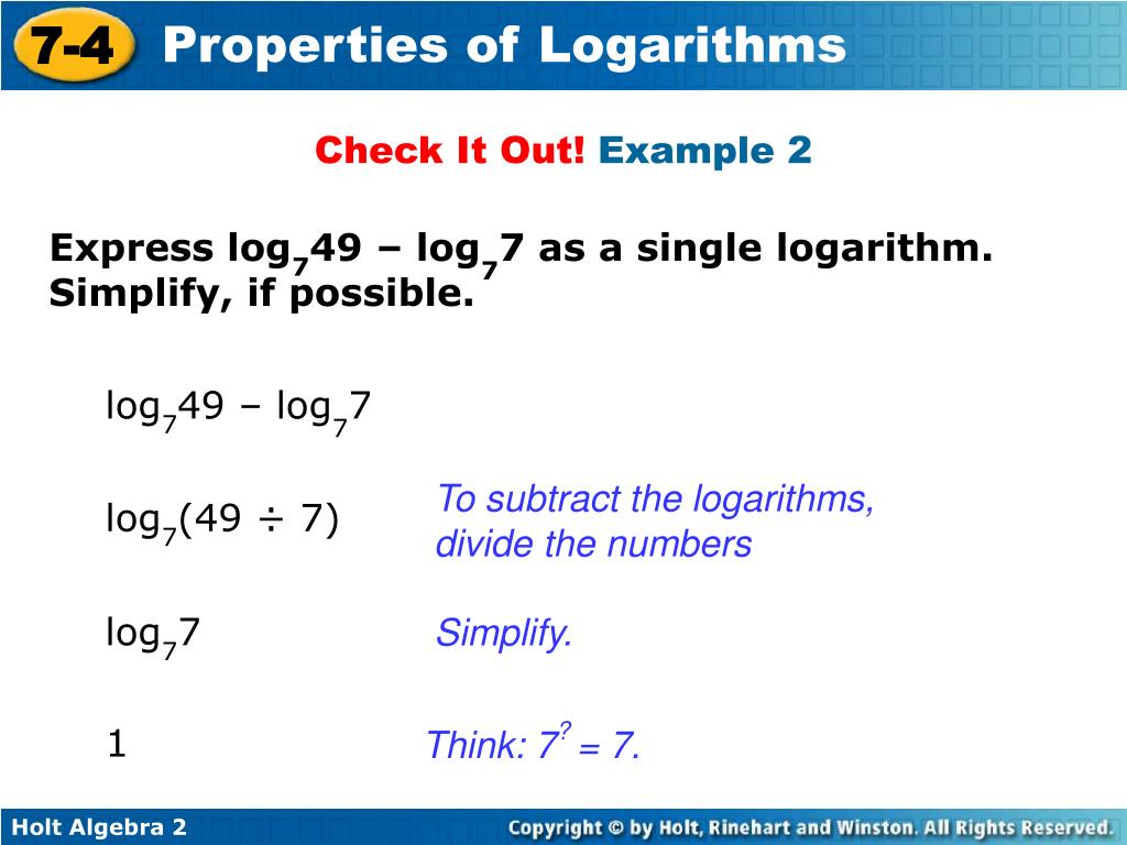 PPT Use properties to simplify logarithmic expressions. Translate
