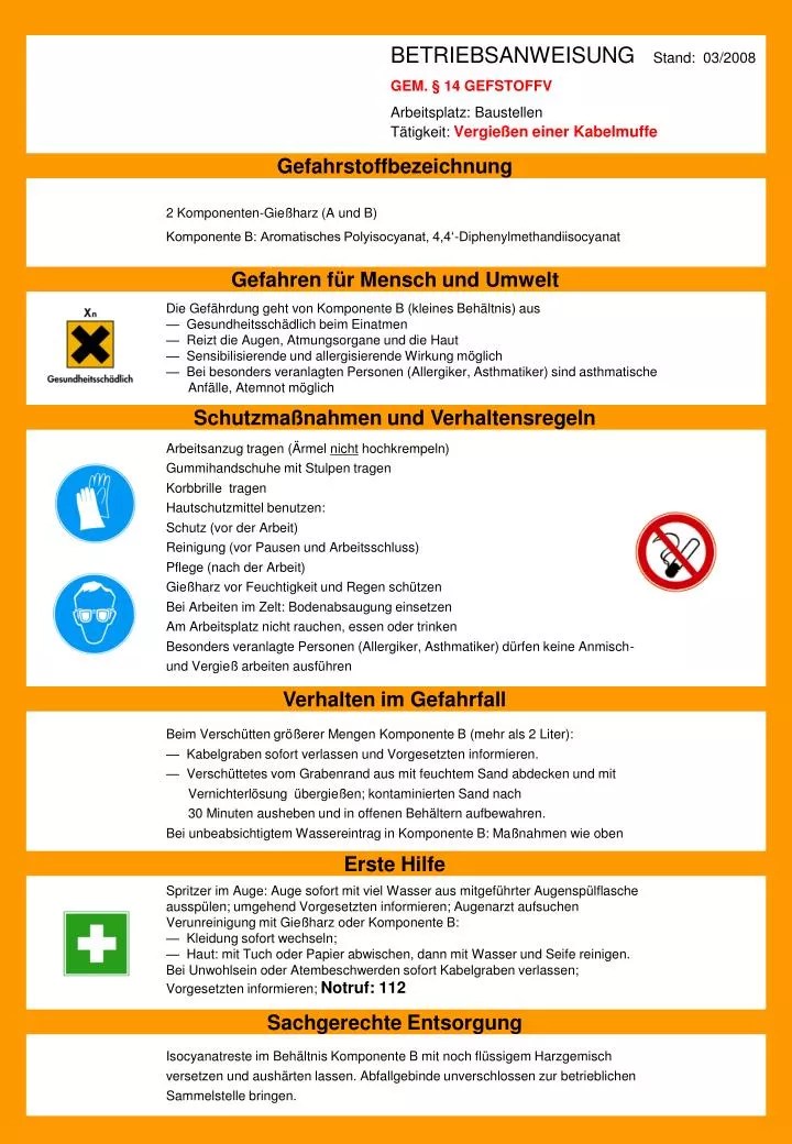 PPT BETRIEBSANWEISUNG Stand 03/2008 GEM. § 14 GEFSTOFFV Arbeitsplatz
