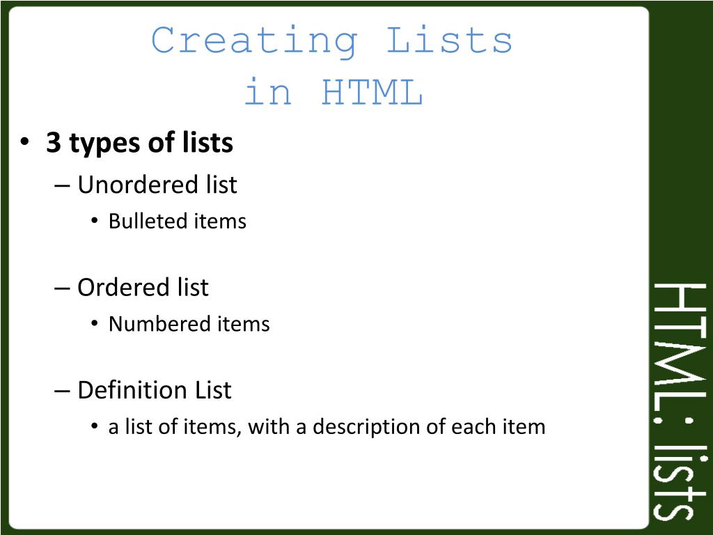 PPT Creating Lists in HTML PowerPoint Presentation, free download