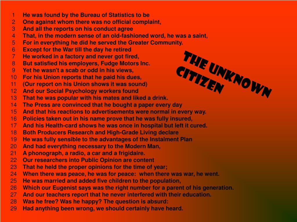 PPT W.H. AUDEN The Unknown Citizen PowerPoint