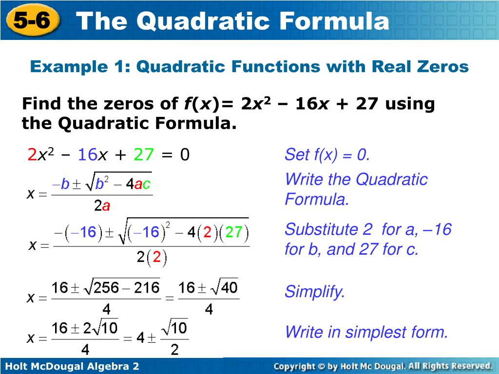 PPT Solve quadratic equations using the Quadratic Formula. Classify