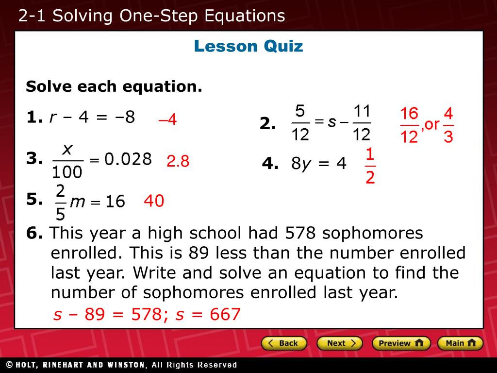 PPT - 2-1 Solving One-Step Equations 2-2 Solving Two-Step Equations 2-3