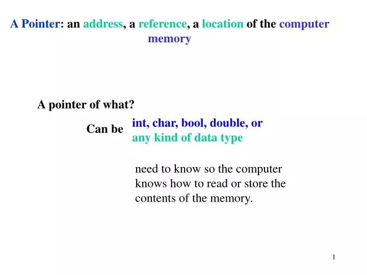 PPT A Pointer an address , a reference , a location of the computer