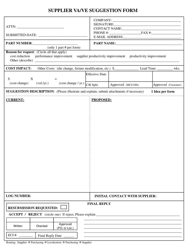 PPT SUPPLIER VA/VE SUGGESTION FORM PowerPoint Presentation, free