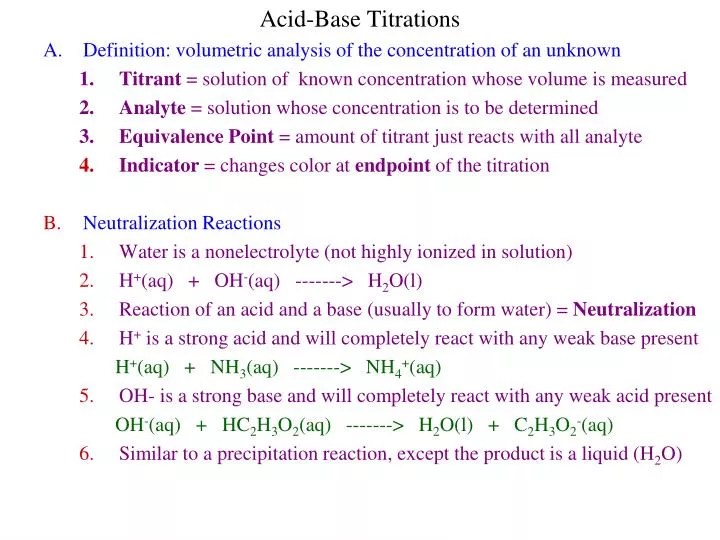 PPT AcidBase Titrations A. Definition volumetric analysis of the