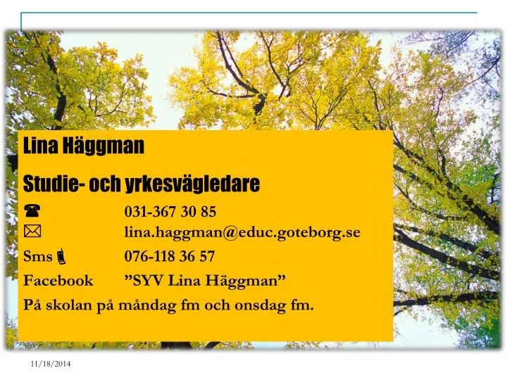 PPT Lina Häggman Studie och yrkesvägledare 031367 30 85 lina