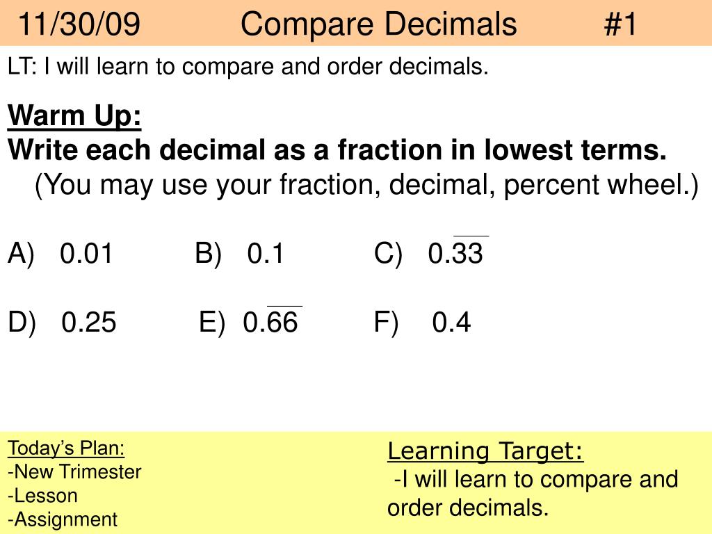 PPT 11/30/09 Compare Decimals 1 PowerPoint Presentation, free