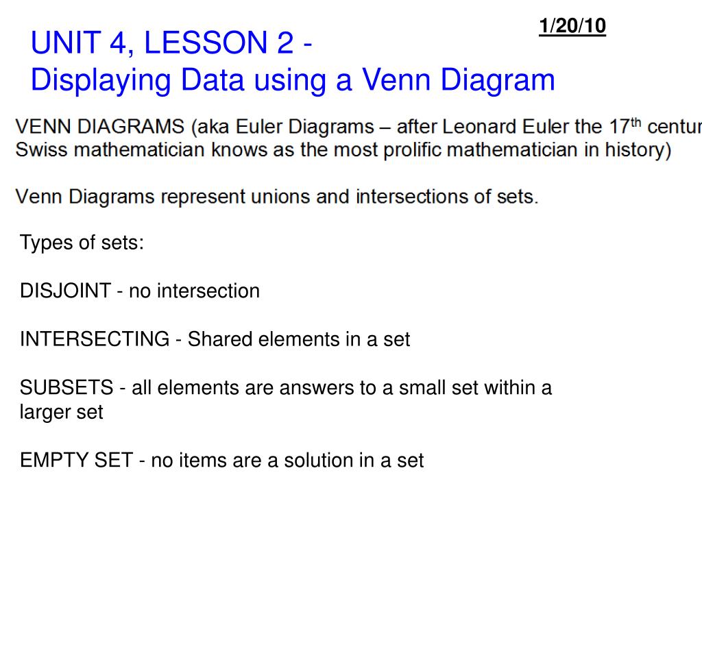 PPT - UNIT 4, LESSON 2 - Displaying Data using a Venn Diagram