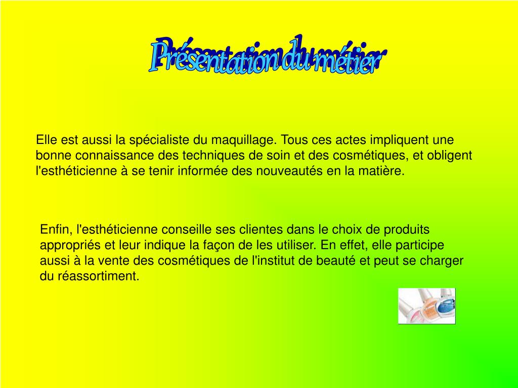 PPT Fiche Métier Esthéticienne PowerPoint Presentation