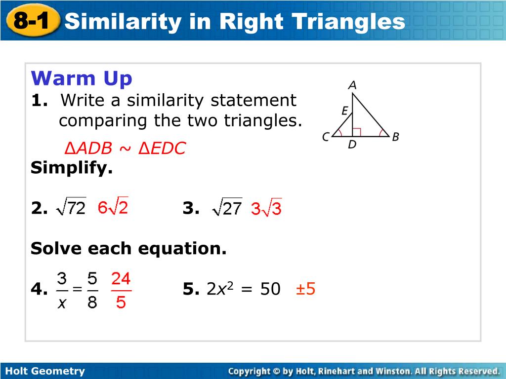 Ppt - Warm Up 1. Write A Similarity Statement Comparing The Two Triangles. Simplify. 2. 3. Powerpoint Presentation - Id:6964574