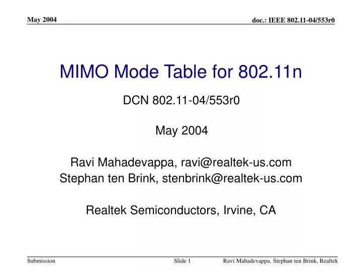PPT MIMO Mode Table for 802.11n PowerPoint Presentation, free