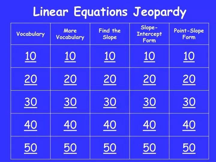 PPT Linear Equations Jeopardy PowerPoint Presentation, free download