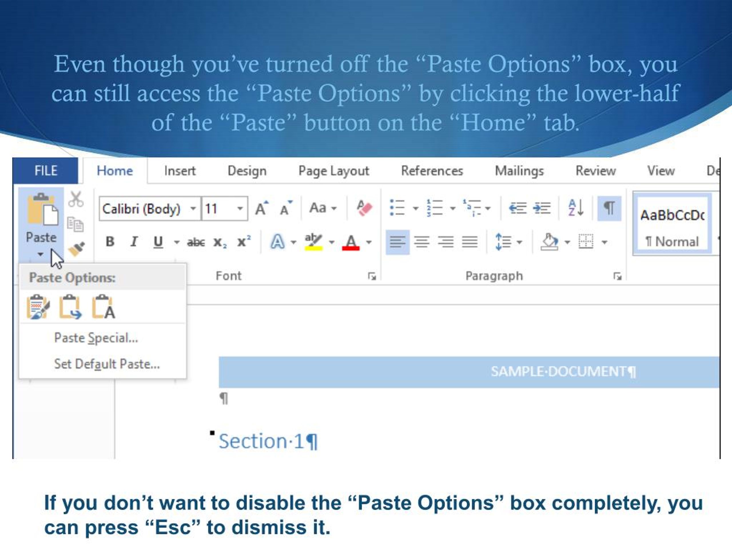 PPT How to get rid of the paste options box in word 2013 PowerPoint