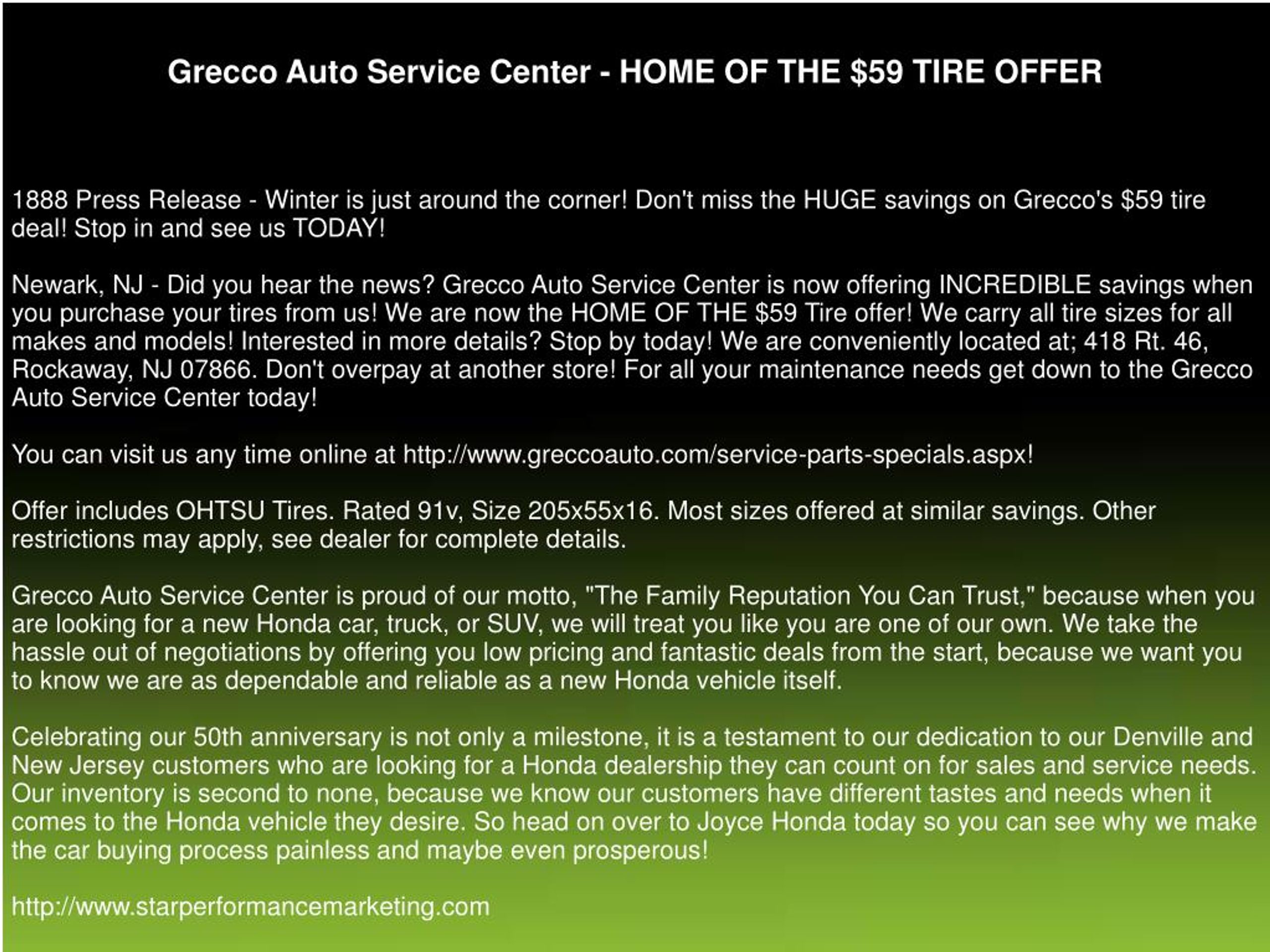 PPT Grecco Auto Service Center HOME OF THE 59 TIRE OFFER