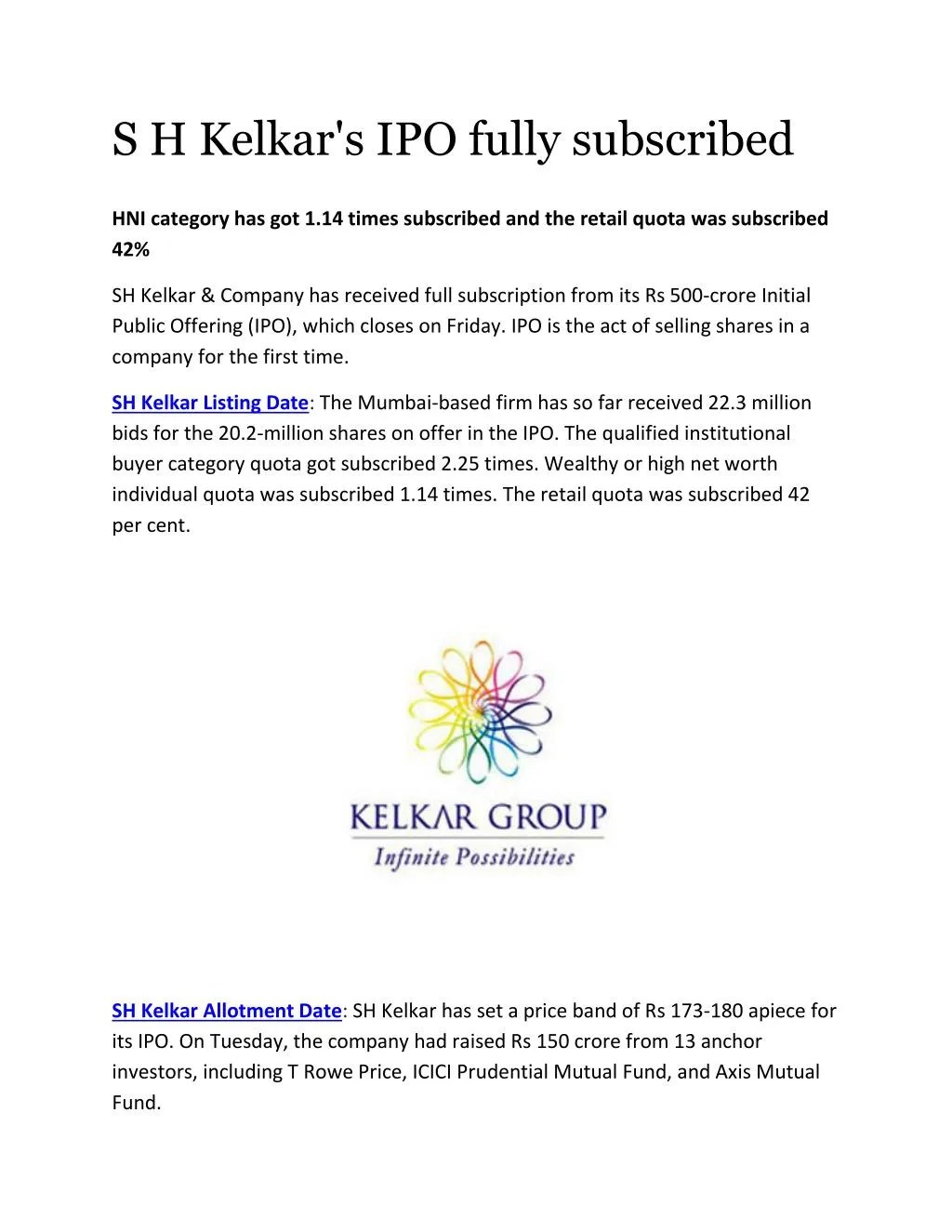 PPT SH Kelkar Listing and Allotment Date PowerPoint Presentation