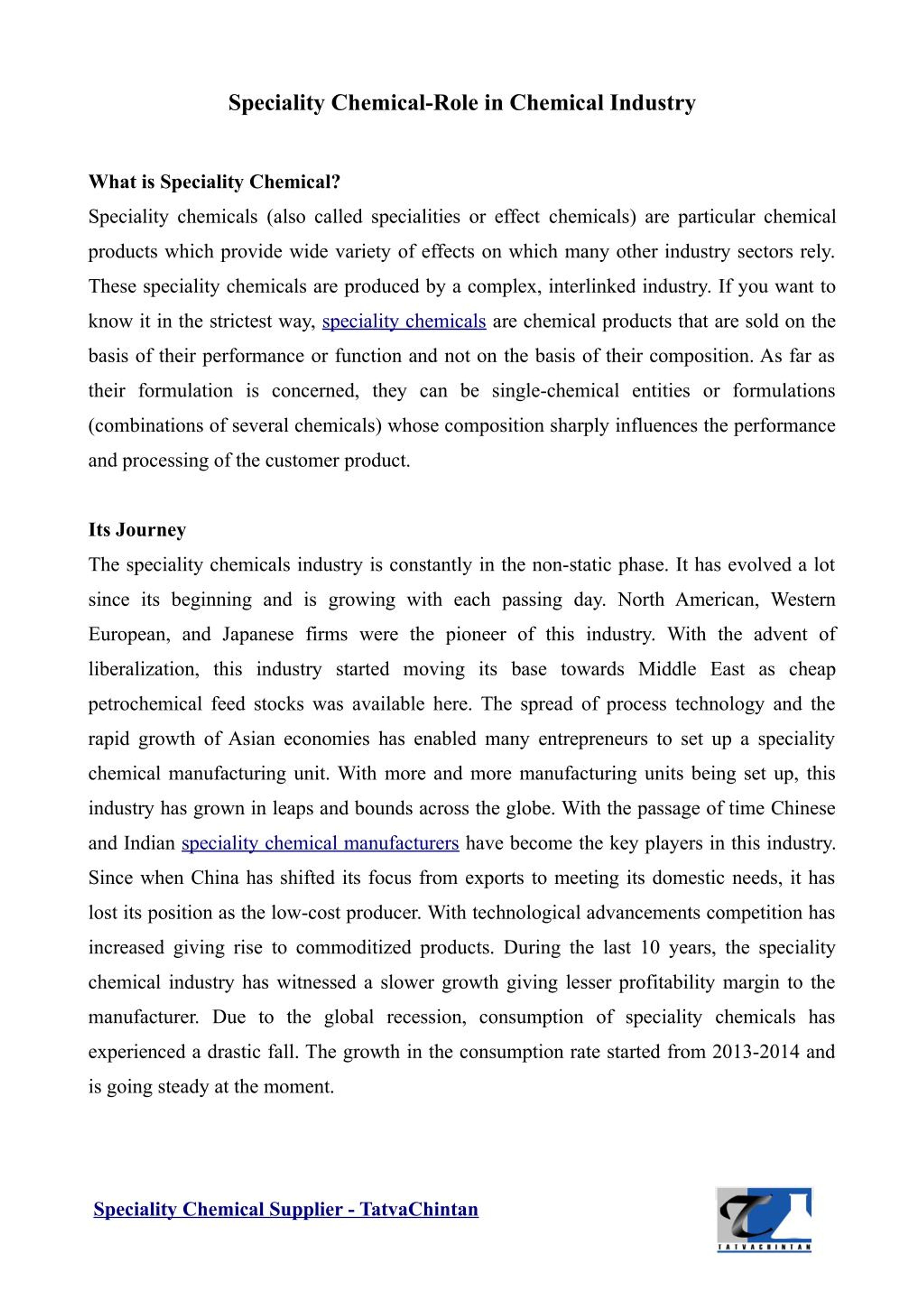 PPT Role of Speciality Chemical in Chemical Industry PowerPoint