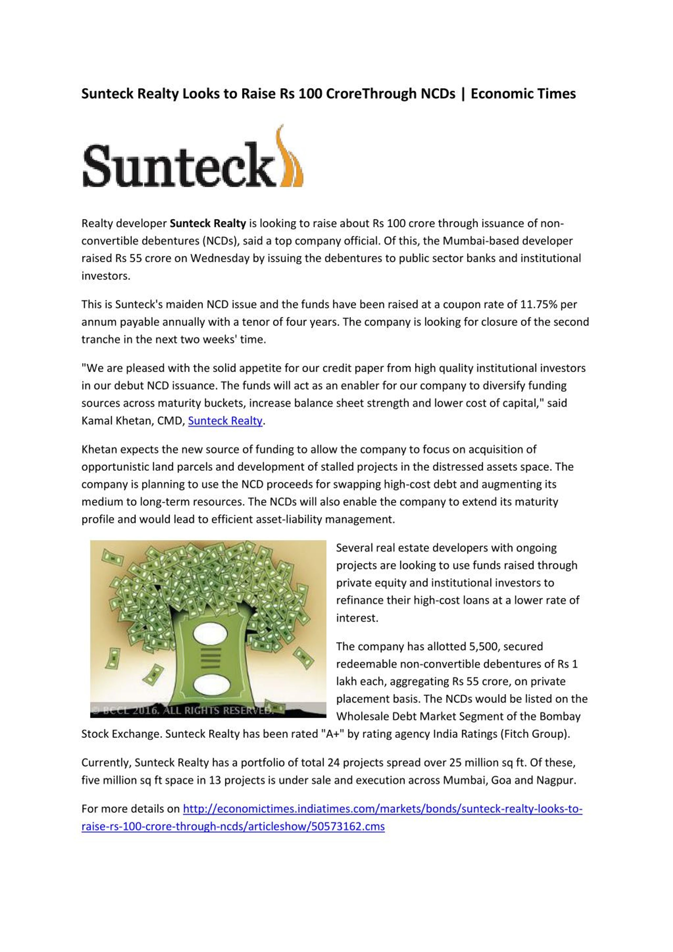 PPT Sunteck Realty Looks to Raise Rs 100 crore Through NCDs