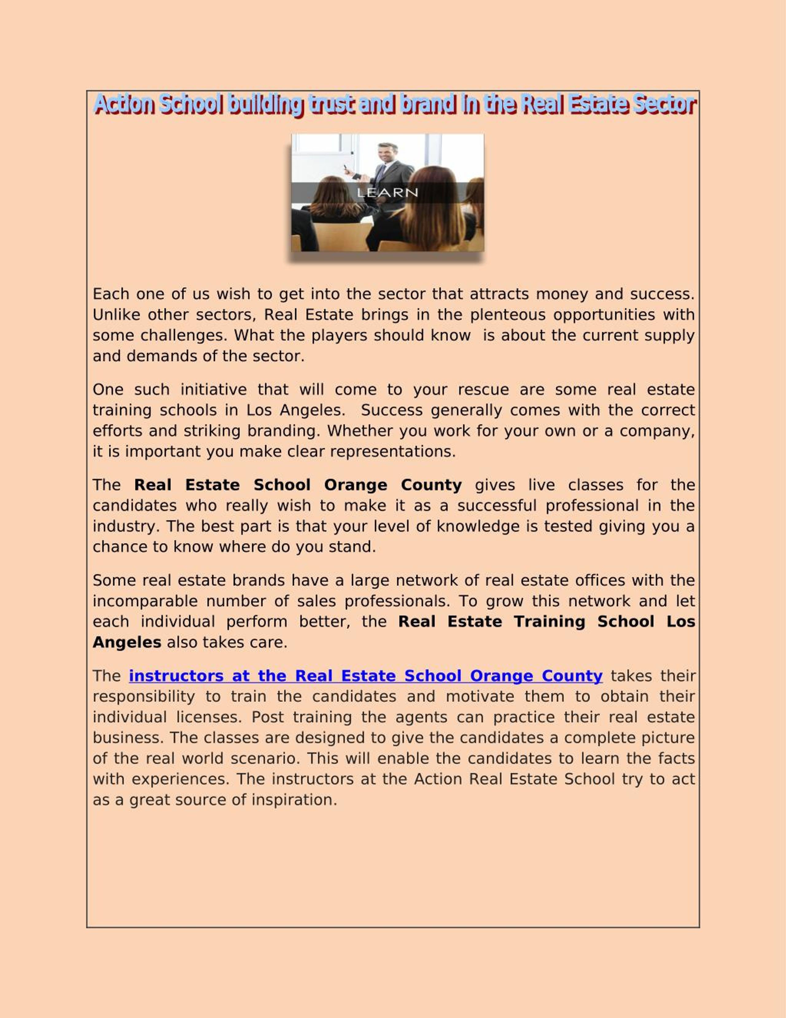 PPT Action School building trust and brand in the Real Estate Sector