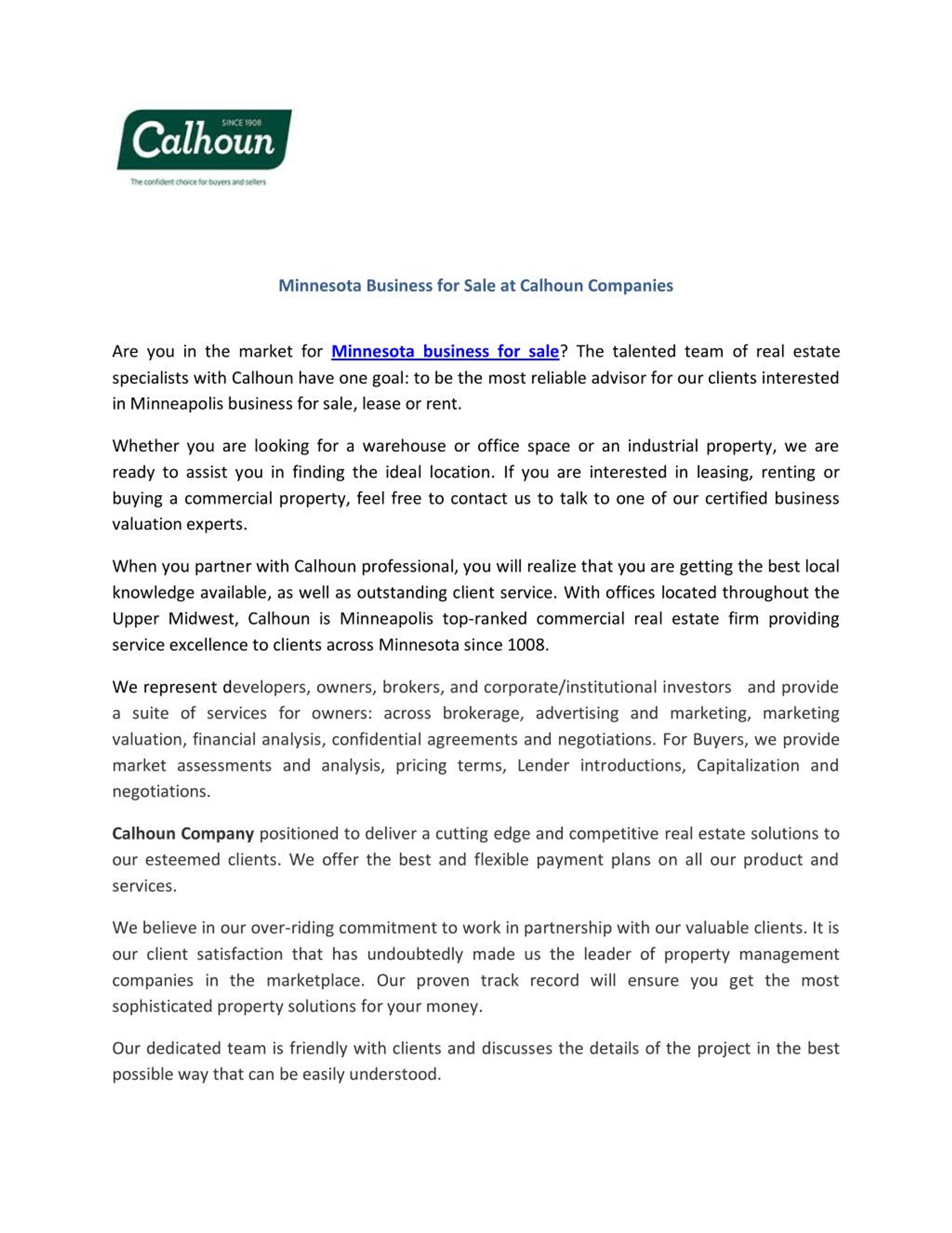 PPT Minnesota Business for Sale at Calhoun Companies PowerPoint Presentation ID7367890