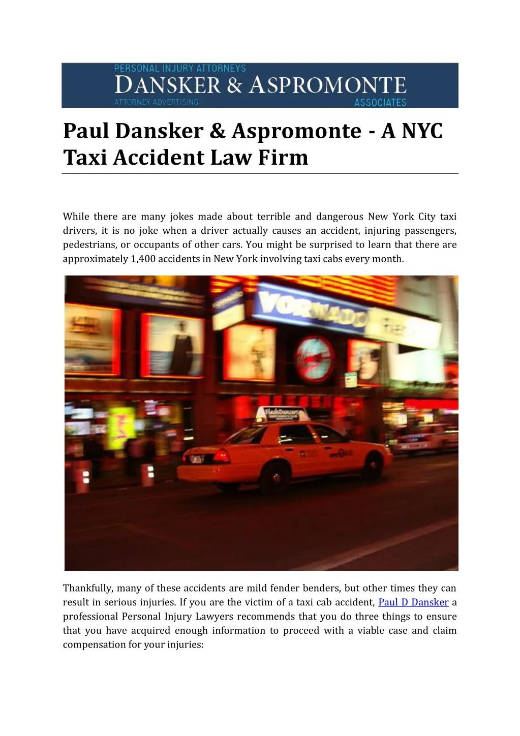 PPT Paul Dansker & Aspromonte A NYC Taxi Accident Law Firm