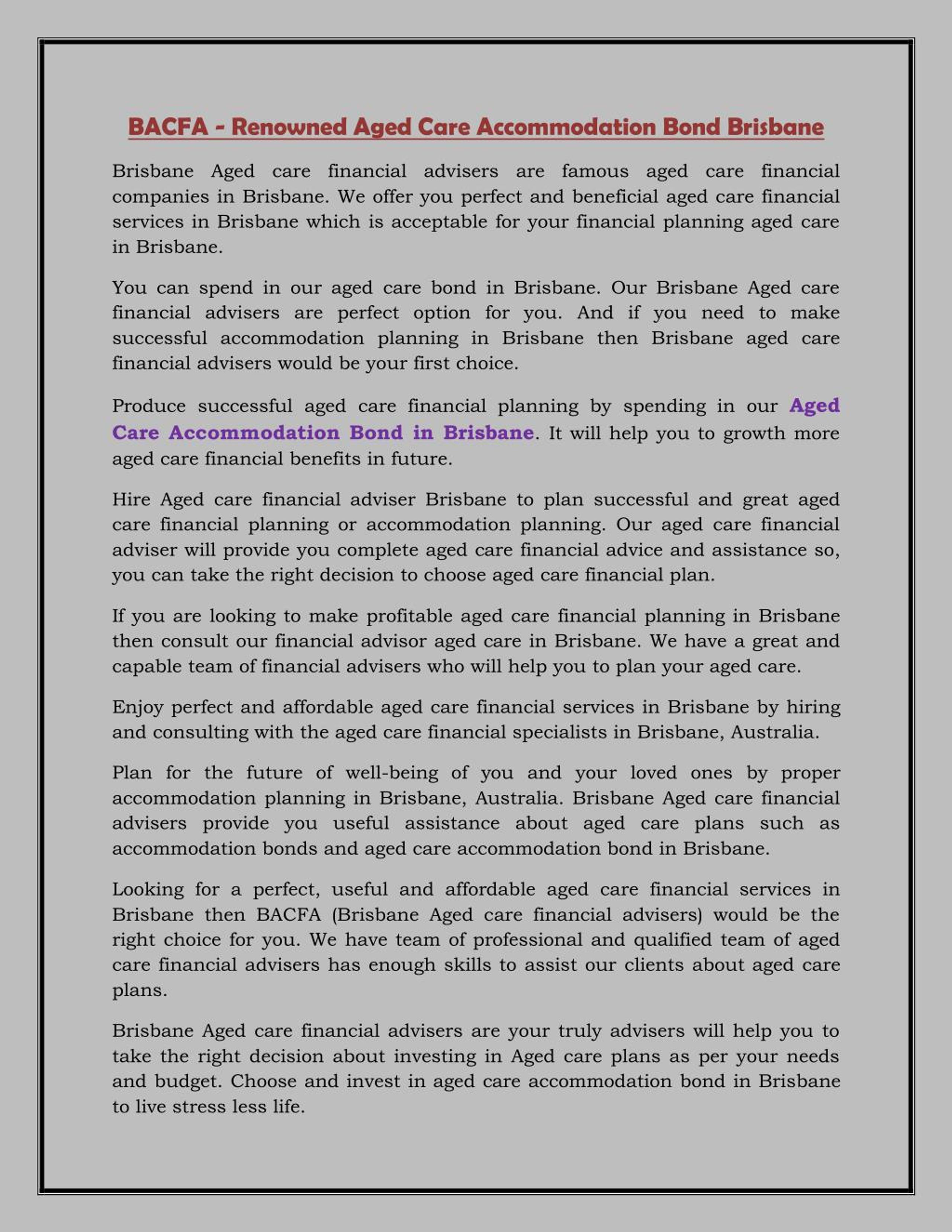 PPT BACFA Renowned Aged Care Bond Brisbane PowerPoint