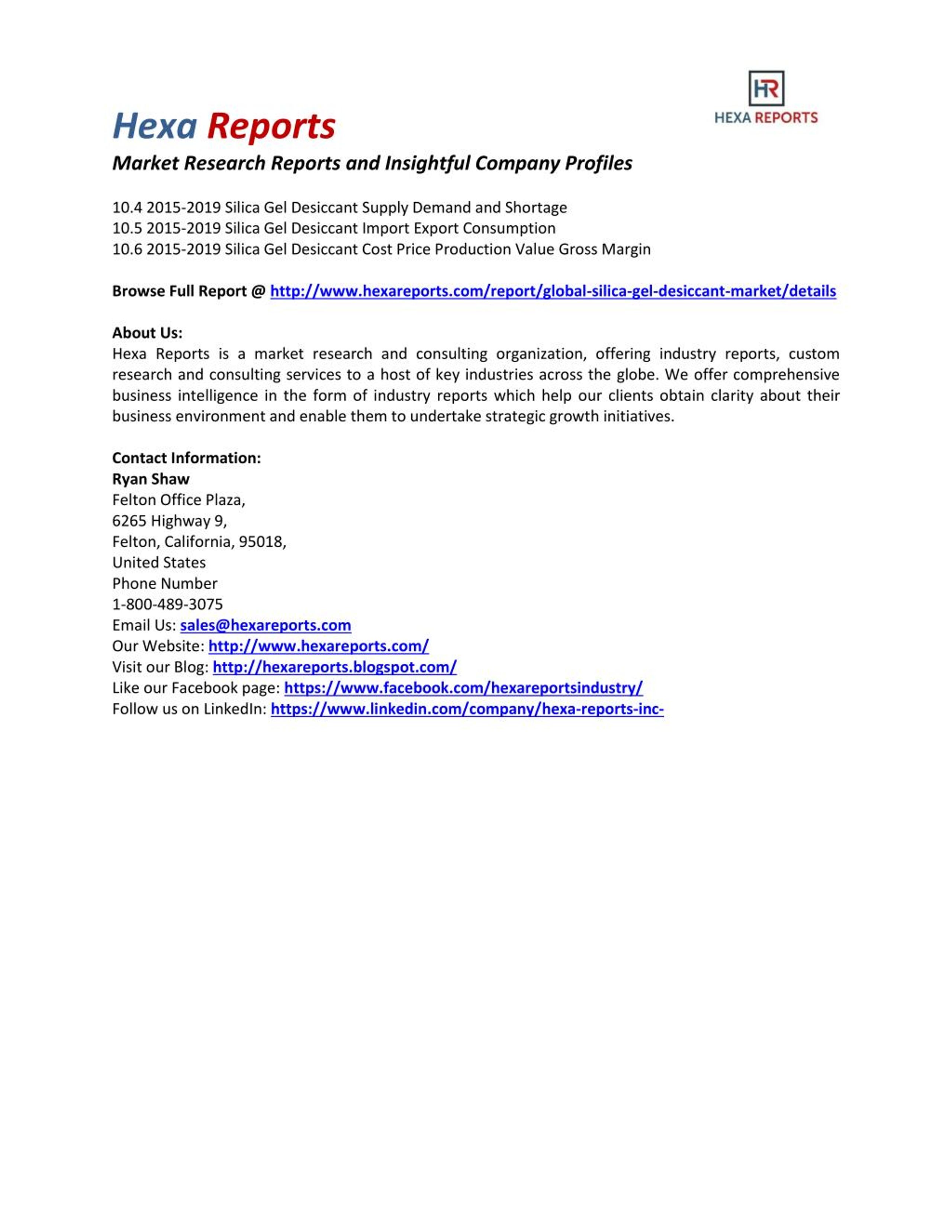 PPT Global Silica Gel Desiccant Market Share 2015 Industry Research Report By Hexa Reports