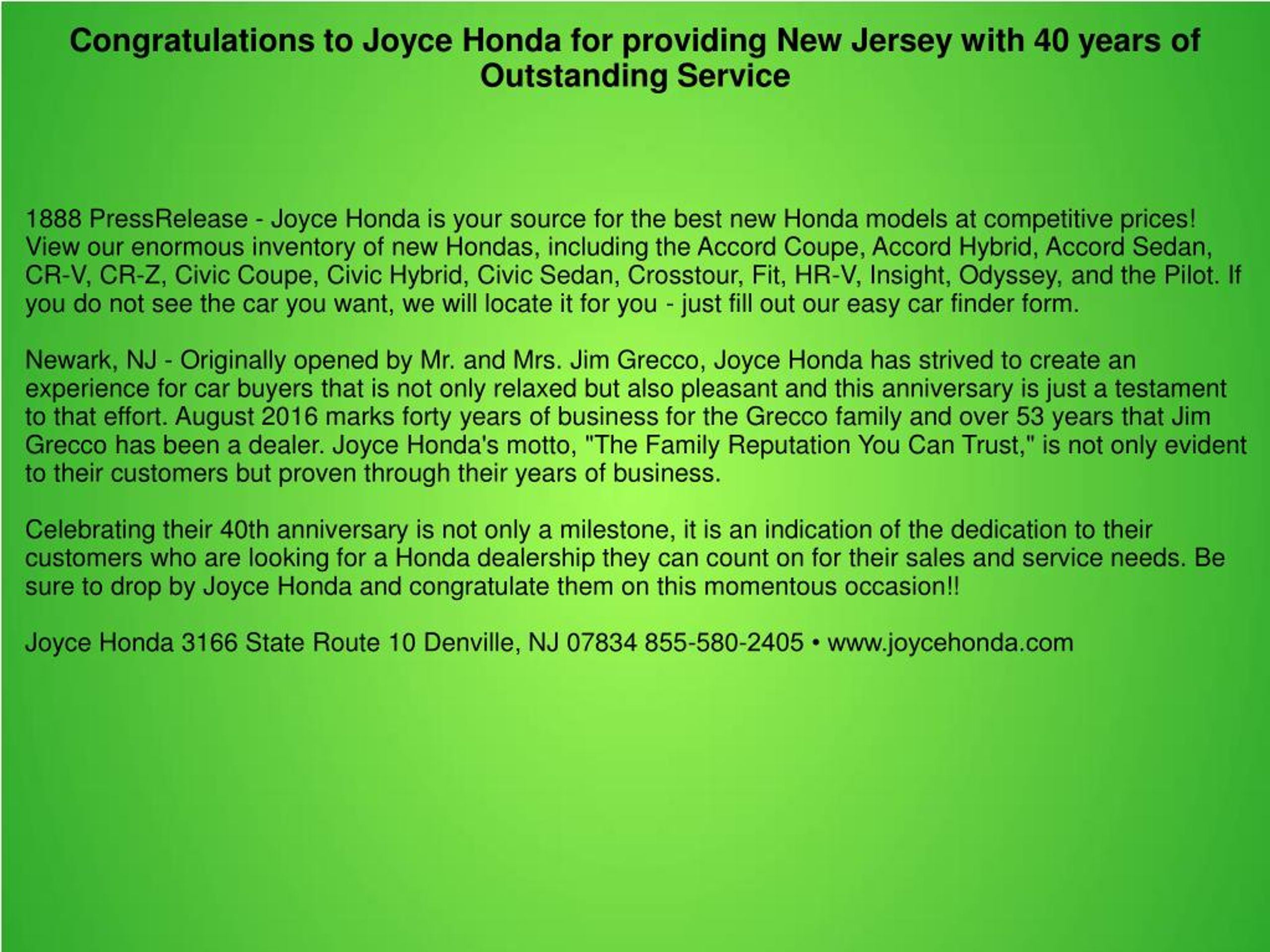 PPT Congratulations to Joyce Honda for providing New Jersey with 40 years of Outstanding