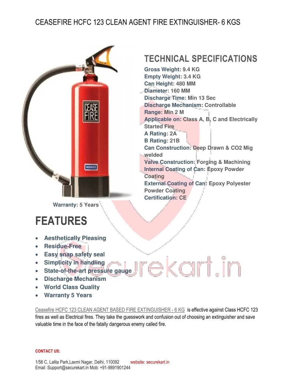 PPT Ceasefire HCFC 123 Clean Agent Gas Based Fire Extinguisher 6 Kg