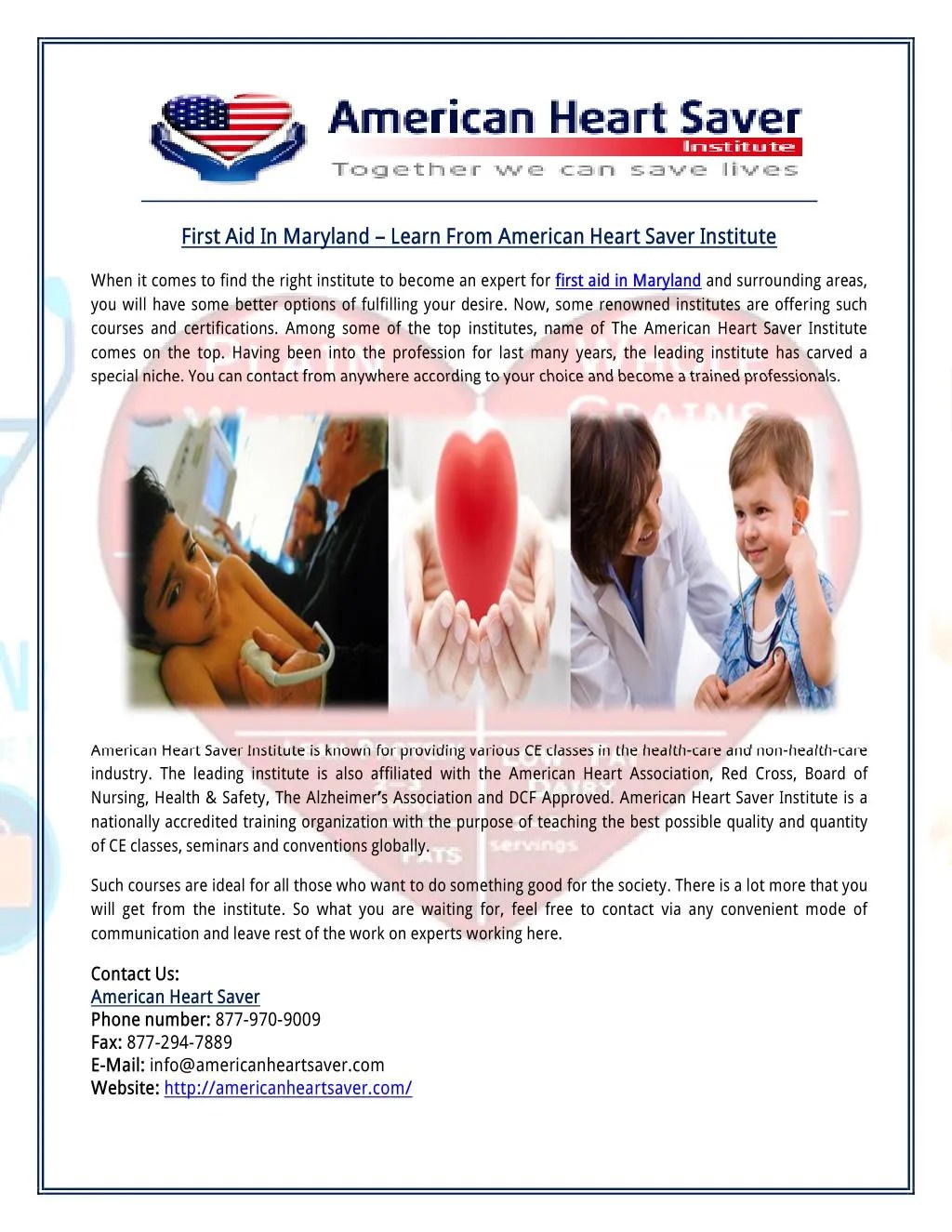 PPT First Aid In Maryland Learn From American Heart Saver Institute
