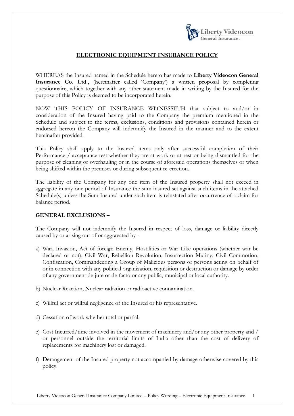 PPT Electronic Equipment Insurance Policy Wording Liberty General