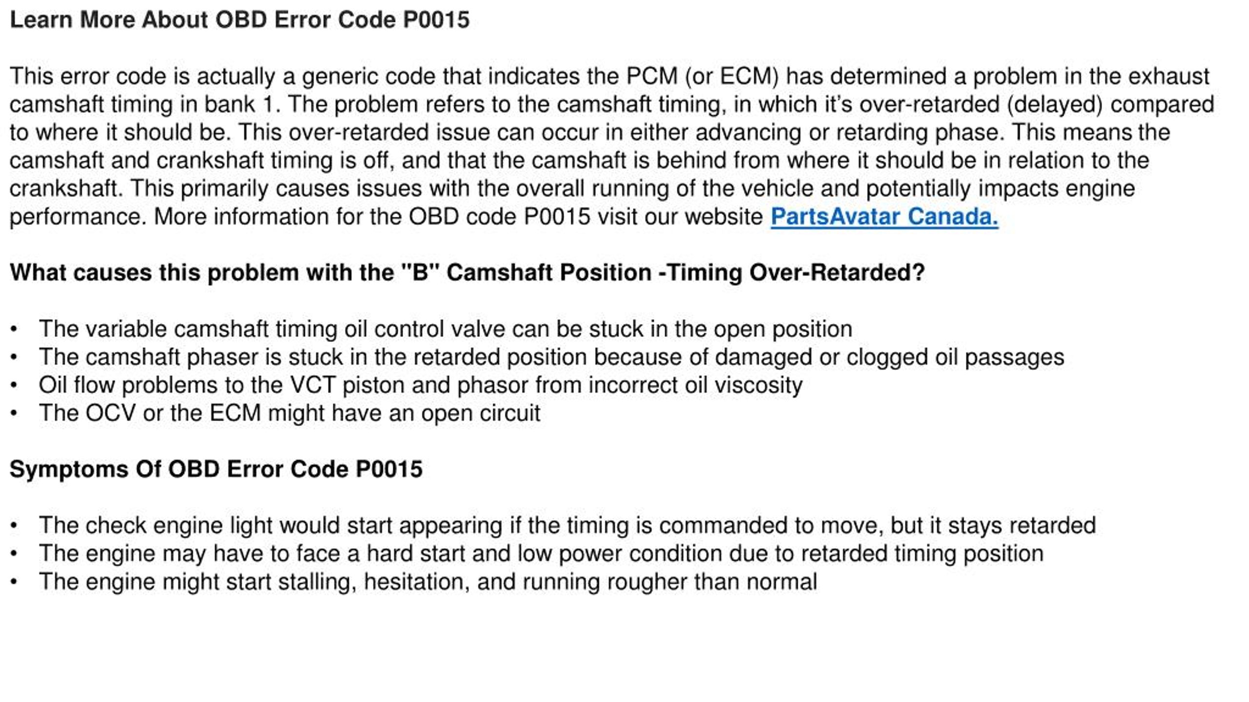 PPT Partsavatar Provides You Meaning Of OBD Code P0015 B Camshaft