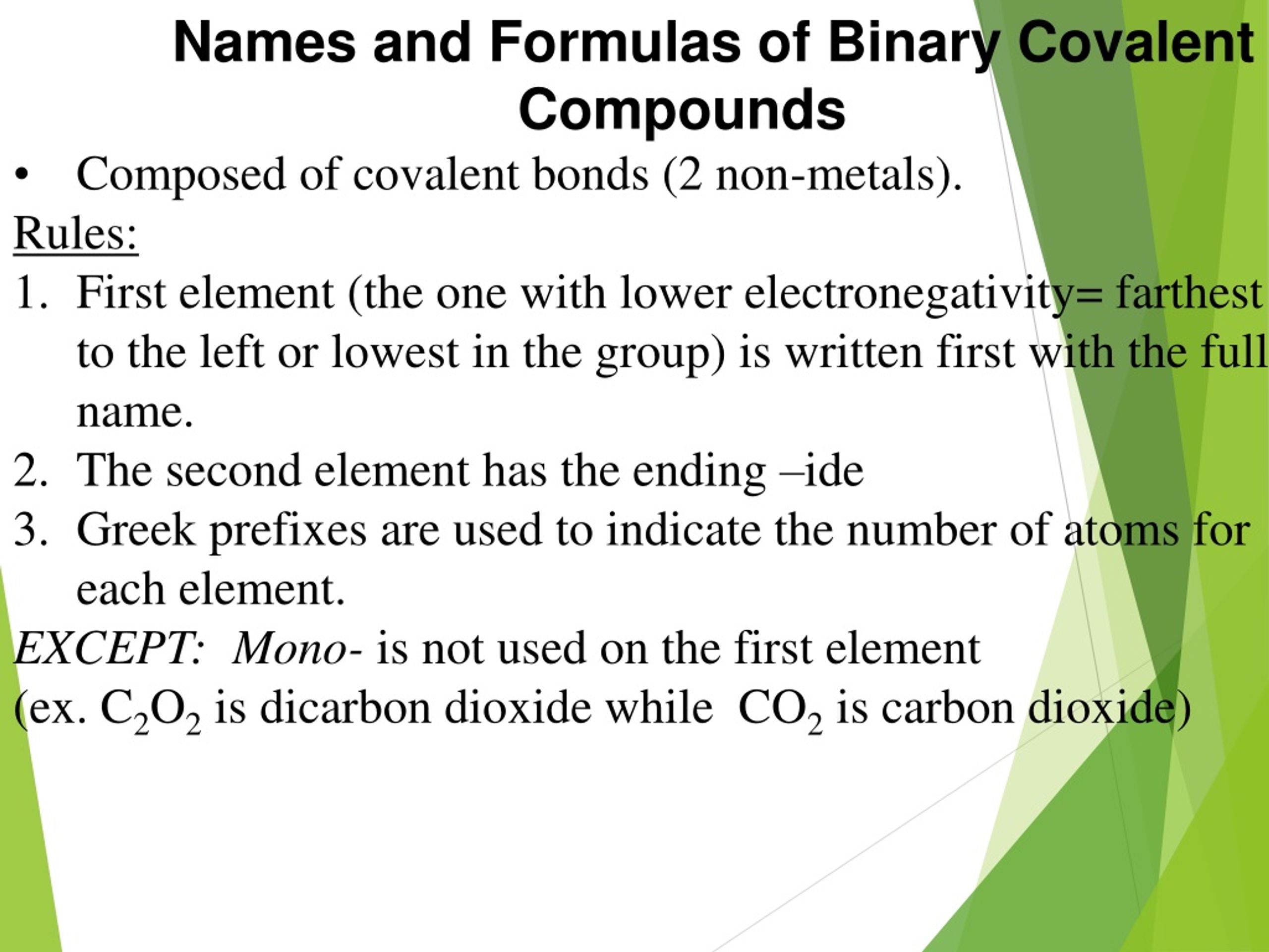 PPT Names and Formulas of Binary Covalent Compounds Composed of
