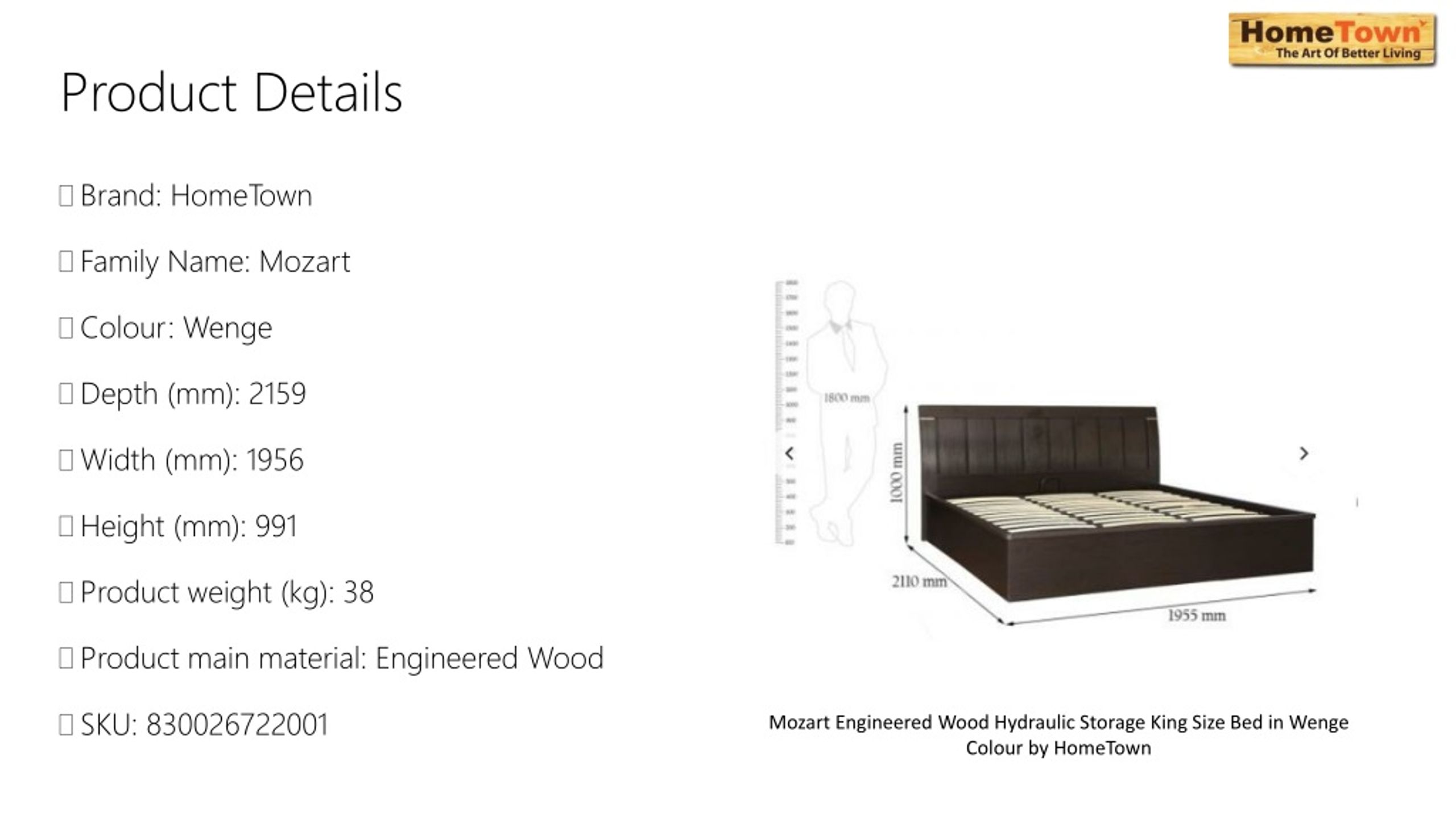 PPT Mozart Engineered Wood Hydraulic Storage King Size Bed in Wenge