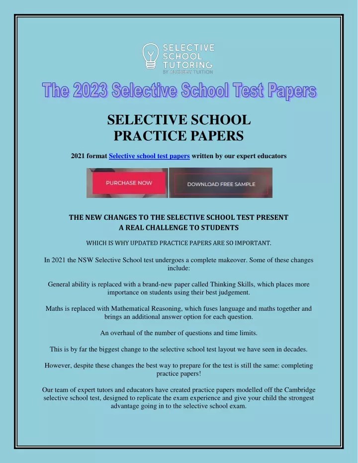 PPT The 2023 Selective School Test Papers PowerPoint Presentation