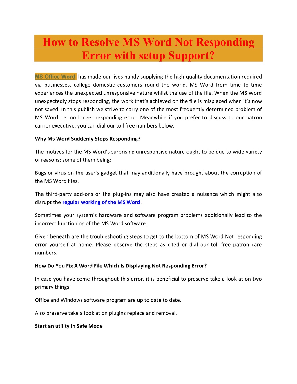 PPT How to Resolve MS Word Not Responding Error with setup Support? PowerPoint Presentation