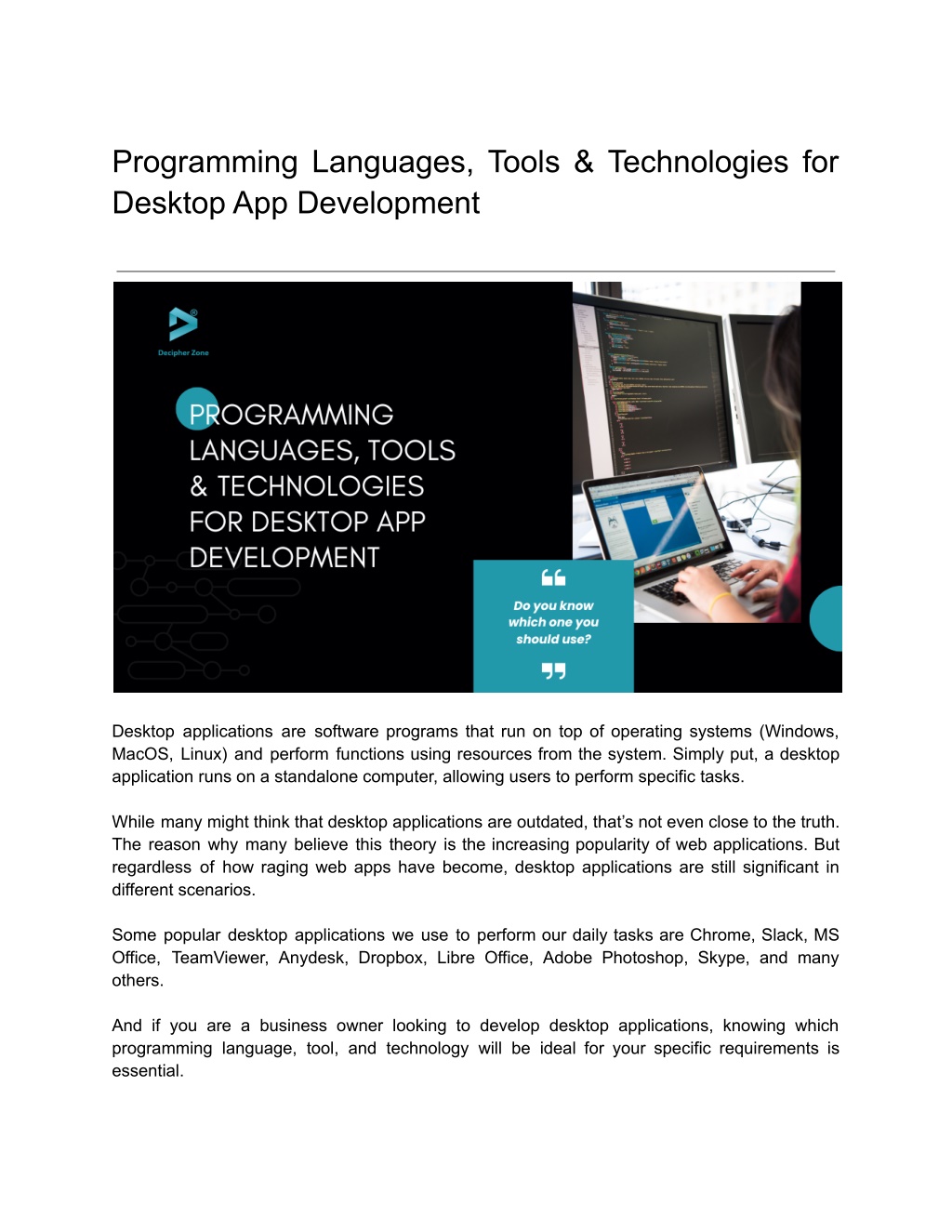 PPT Programming Languages, Tools & Technologies for Desktop App