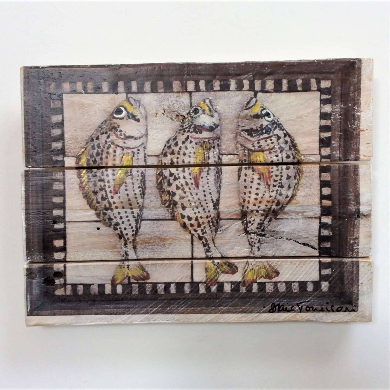 Hand Embellished Wood Panel Print Three Yellowfin Seabream AP/1